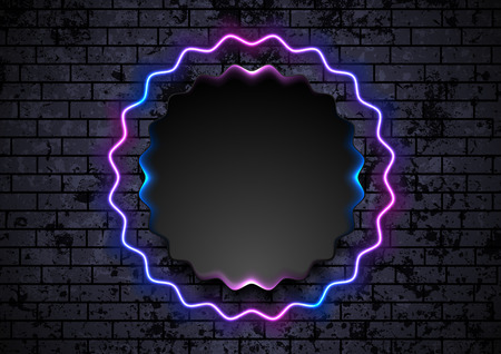 Blue and purple neon wavy label circle on grunge brick wall background. Vector retro designのイラスト素材
