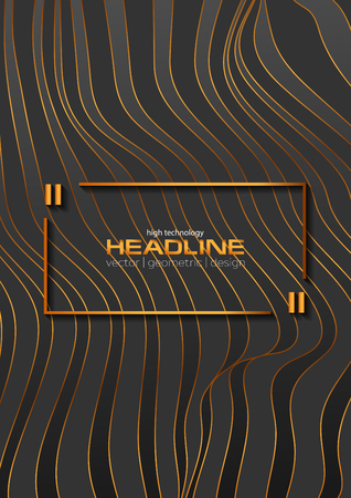 Abstract black and bronze curved 3d waves refraction background. Luxury flyer vector designのイラスト素材