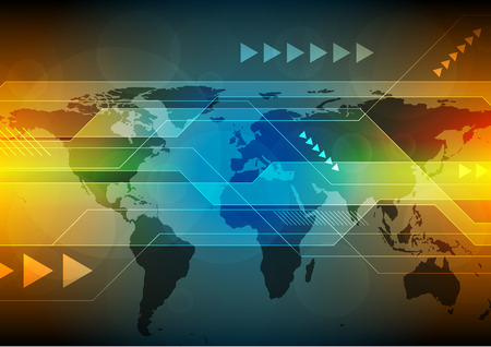 Abstract bright orange and blue technology background with world map. Vector design illustrationのイラスト素材