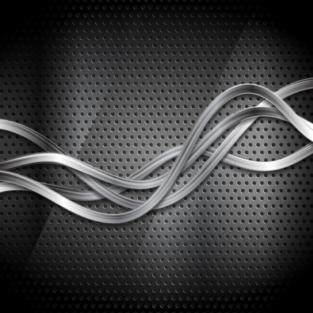 Metallic silver waves on dark perforated background. Vector designのイラスト素材
