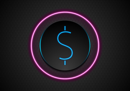 Blue neon dollar symbol and purple glowing circle on black background. Vector designのイラスト素材