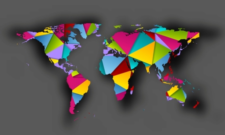 Colorful polygonal world map with shadow on grey background. Vector graphic designのイラスト素材