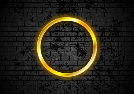 Glowing golden neon circle frame on black grunge brick wall. Vector designのイラスト素材