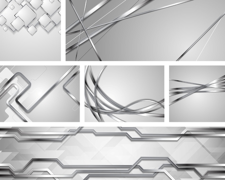 Set of grey silver metallic tech and wavy backgrounds. Abstract chrome style vector designのイラスト素材