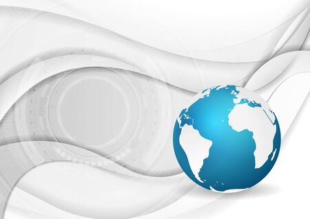 Grey smooth waves with HUD elements and blue globe technology background. Abstract vector designのイラスト素材