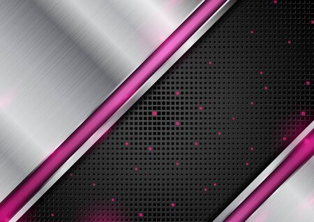 Technology abstract background. Silver metal texture and glowing pink stripes. Black perforated backdrop with halftone squares. Vector illustrationのイラスト素材