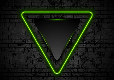 Green neon luminous triangle on dark grunge brick wallのイラスト素材