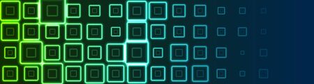 Bright texture of neon squares. Abstract banner with blue and green tech geometric shapes. Glowing iridescent vector background designのイラスト素材