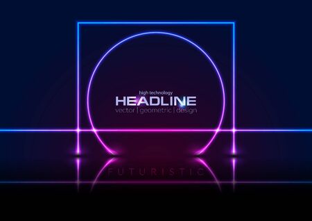 Blue ultraviolet neon laser lines concept illustration. Reflected square and circle geometric technology sci-fi background. Glowing illumination futuristic vector designのイラスト素材