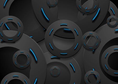 Black futuristic circles with neon blue light. Abstract corporate geometric background. Hi-tech glowing vector designのイラスト素材
