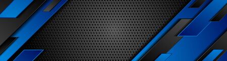 Trendy composition of blue technical shapes on black background. Dark metallic perforated texture design. Technology illustration. Vector header bannerのイラスト素材