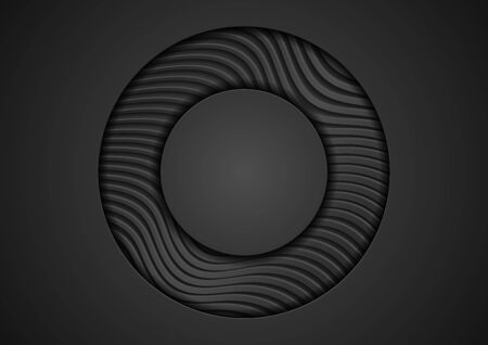 Black technology circle with waves pattern texture. Tech papercut composition. Abstract futuristic corporate background. Vector designのイラスト素材