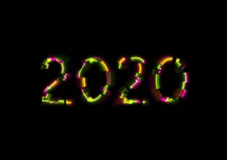 Abstract colorful glowing neon 2020 New Year background. Laser glitch effect Christmas graphic design. Vector illustrationのイラスト素材