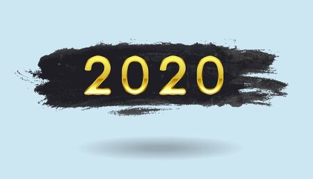 Golden 2020 New Year lettering on black grunge watercolor brush strokes.のイラスト素材