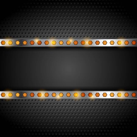 Technology metallic perforated background with orange hexagons. Vector illustrationのイラスト素材