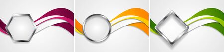Bright waves and silver metallic geometric shapes corporate backgrounds set. Vector hi-tech graphic designのイラスト素材