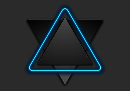 Black tech triangles witn blue glowing neon light abstract background. Geometric vector designのイラスト素材