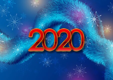 Deep blue fluffy wave and red golden 2020 New Year abstract background. Winter Christmas graphic...