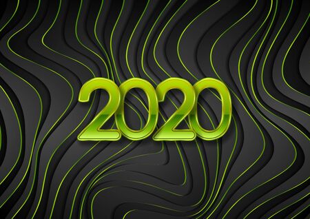 Curved liquid waves and green golden glossy 2020 New Year abstract Christmas background. Vector designのイラスト素材