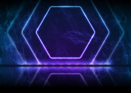 Neon glowing hexagon frames on blue violet grunge background. Old luminous wall concrete texture. Vector designのイラスト素材