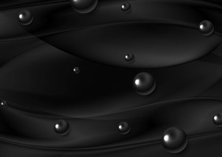 Abstract black modern background with smooth blurred waves and glossy spheres. Vector designのイラスト素材