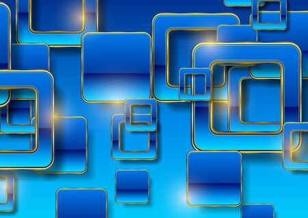 Concept retro glossy squares abstract tech background. Blue and golden geometric design. Vector illustrationのイラスト素材