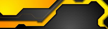 Composition of orange futuristic elements on black background. Chrome metallic perforated texture design. Technology geometric illustration. Vector header bannerのイラスト素材