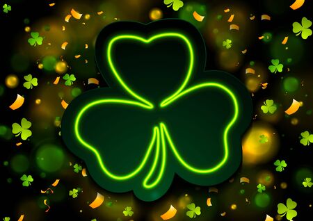 Irish neon shamrock clover with bokeh lights abstract background. Saint Patrick Day greeting design. Vector illustrationのイラスト素材