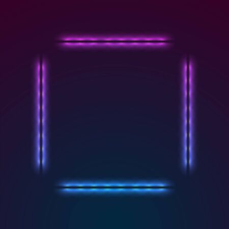 Blue purple neon luminous square frame abstract retro background. Vector designのイラスト素材