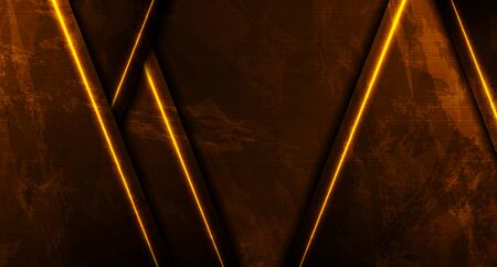 Dark orange neon laser lines. Abstract grunge tech graphic design. Old luminous wall concrete...