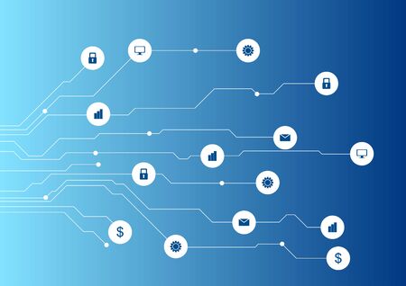 Social communication icons and circuit board bright blue background. Vector technology web designのイラスト素材