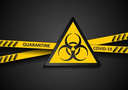 Coronavirus COVID-19 quarantine abstract background. Orange danger tapes and biohazard sign on black backdrop.のイラスト素材