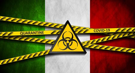 Coronavirus COVID-19 quarantine abstract background. Orange danger tapes and bio hazard sign on grunge Italian flag backdrop.のイラスト素材