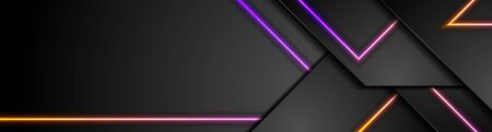 Black tech geometric abstract banner design with neon laser lines. Glowing modern futuristic background. Vector illustrationのイラスト素材