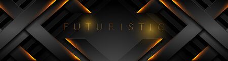 Futuristic black technology background with orange neon lines. Glowing vector banner design