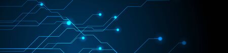 Abstract neon blue tech circuit board lines sci-fi banner design. Futuristic computer chip...