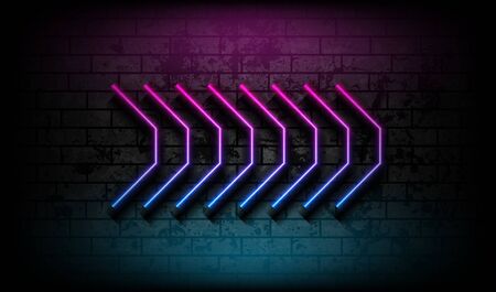 Blue purple neon laser arrows on grunge brick wall. Abstract technology retro background. Futuristic glowing vector designのイラスト素材