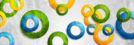Colorful circle rings on grey grunge background. Abstract geometric vector banner designのイラスト素材