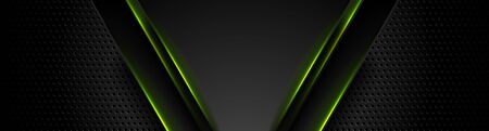 Futuristic perforated technology abstract background with green neon glowing light. Vector banner designのイラスト素材