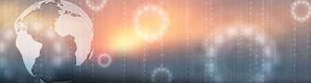 Technology banner design with globe, HUD gears and binary code. Abstract futuristic vector backgroundのイラスト素材