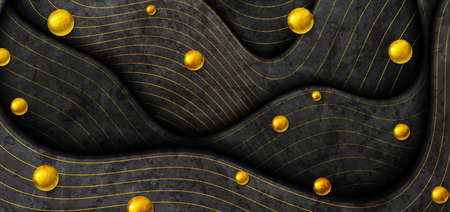 Tech vector golden and black graphic design with waves and balls. Geometric glossy 3d spheres....