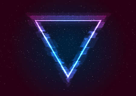 Retro futuristic 80s - 90s abstract hi-tech neon background with galaxy sky and glitch effect triangle. Vector poster designのイラスト素材