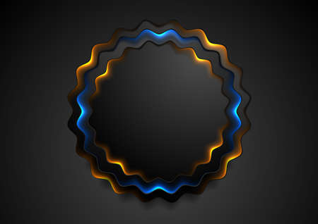 Black wavy circle badge with glowing blue and orange neon light abstract background. Vector corporate designのイラスト素材