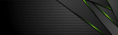 Abstract black stripes with green neon glowing light technology banner design. Vector backgroundのイラスト素材