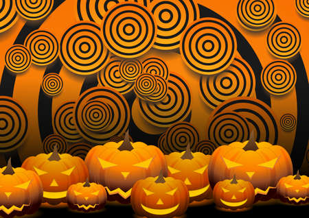 Orange Halloween smiling pumpkins and retro circles abstract background. Vector Jack O Lantern holiday designのイラスト素材
