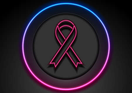 Breast cancer awareness month. Neon glowing laser pink ribbon tape and circle. Women healthcare abstract vector backgroundのイラスト素材