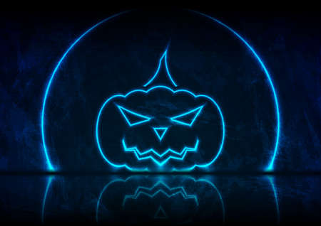 Blue neon Halloween pumpkin on grunge wall background with reflection. Vector designのイラスト素材