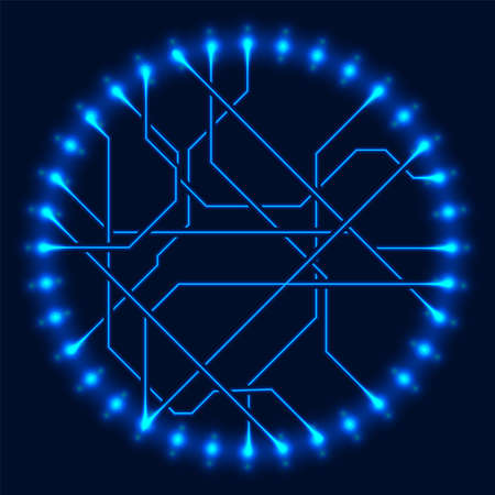 Abstract neon blue tech circuit board lines sci-fi scheme design. Futuristic computer chip background. Vector glowing illustrationのイラスト素材