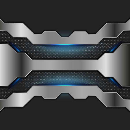 Tech metallic graphic design with blue neon glowing lights. Abstract geometric futuristic vector backgroundのイラスト素材