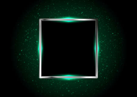 Metallic square framework with green neon lights. Glowing bokeh vector backgroundのイラスト素材